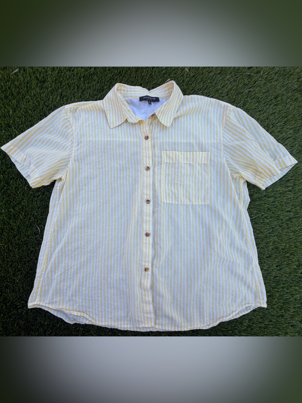Lafayette 148 New York Short Sleeve Yellow Stripe Button-Down Shirt